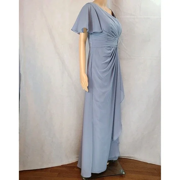 New Mother of the Bride (6) Dusty Blue Chiffon Flutter Sleeve Ruched Maxi Dress - Picture 10 of 14